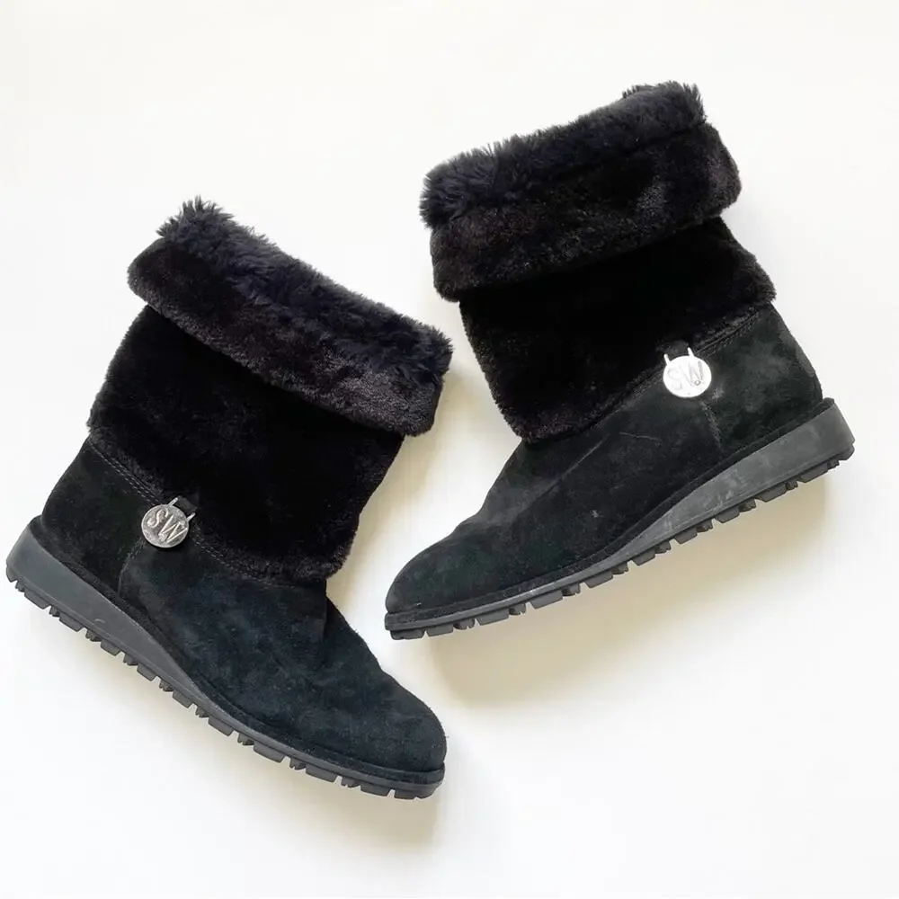 Stuart Weitzman Black Furever Faux Fur Suede Boots